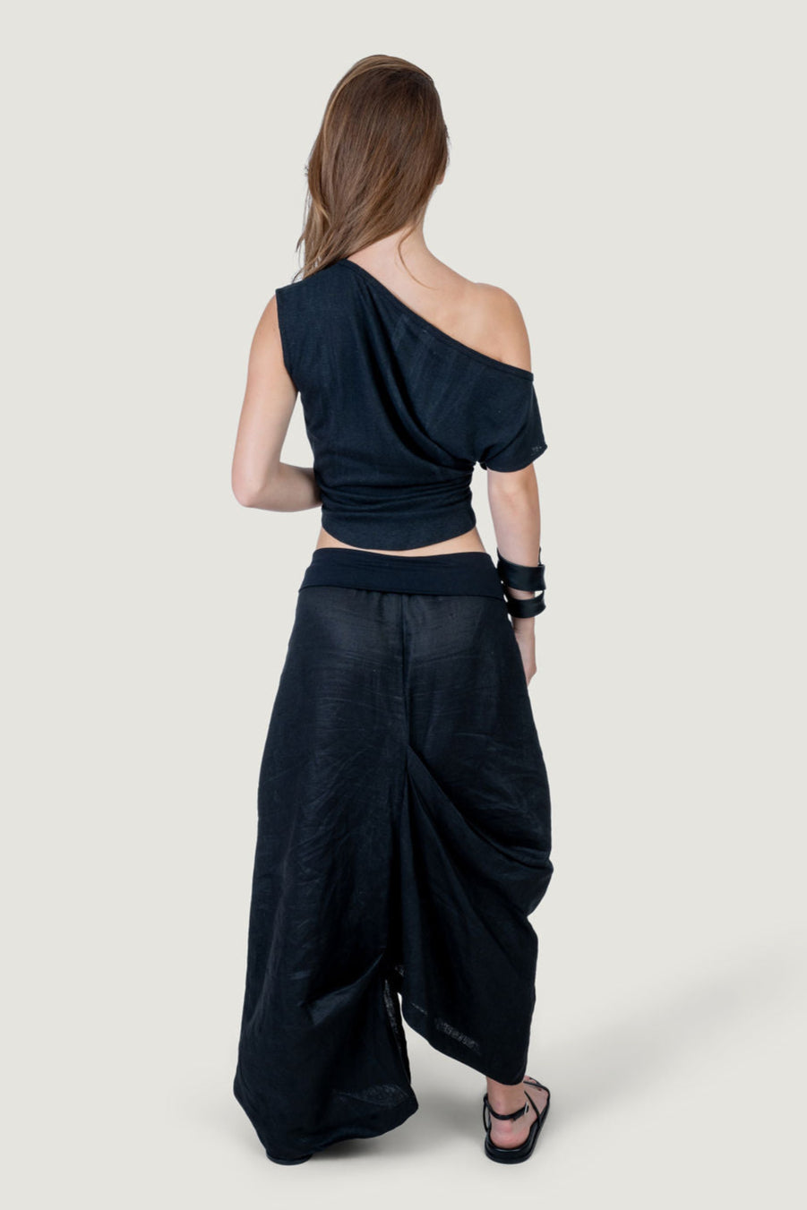 Pleat Linen Asymmetric Maxi Skirt