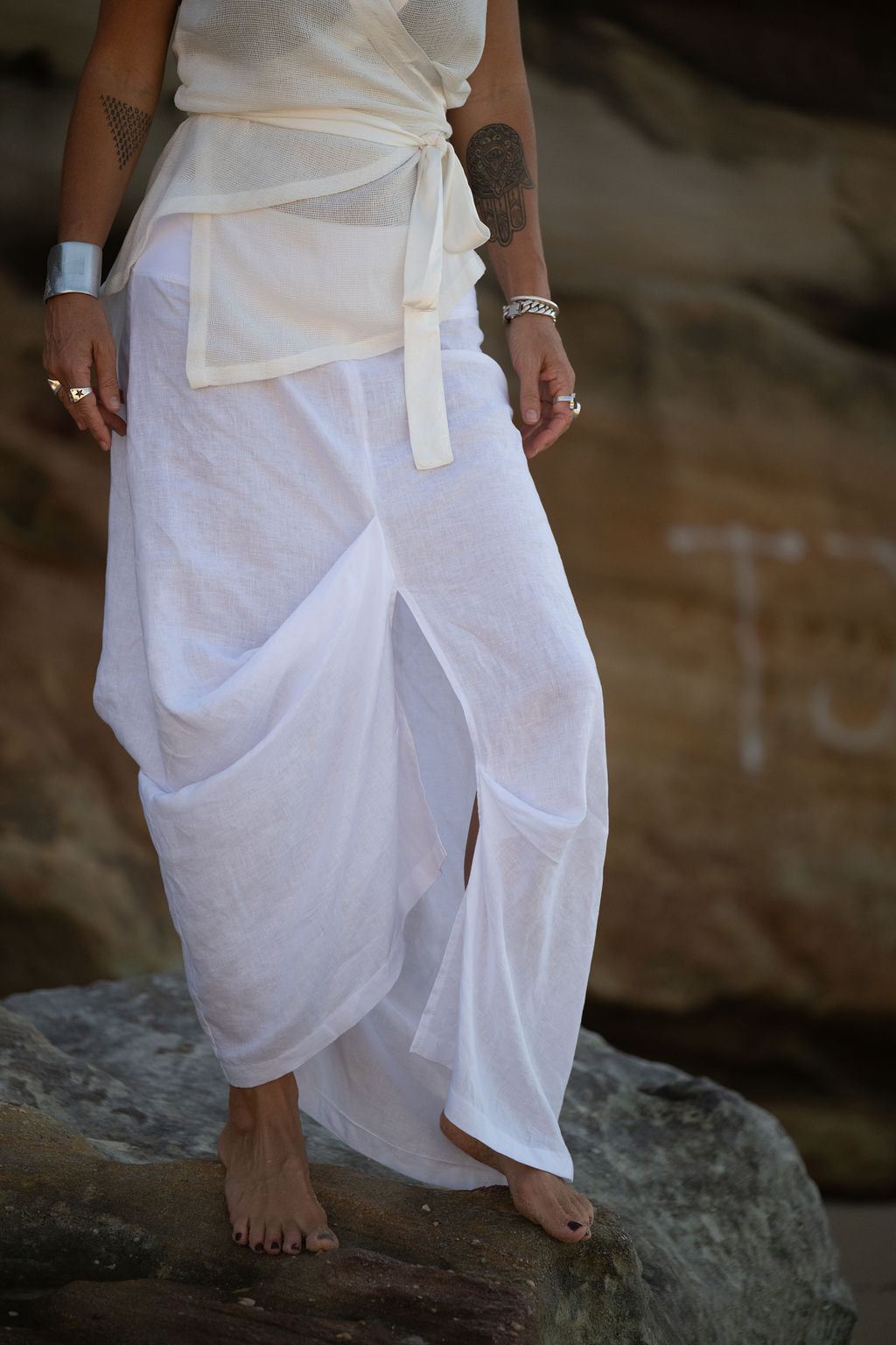 Pleat Linen Asymmetric Maxi Skirt